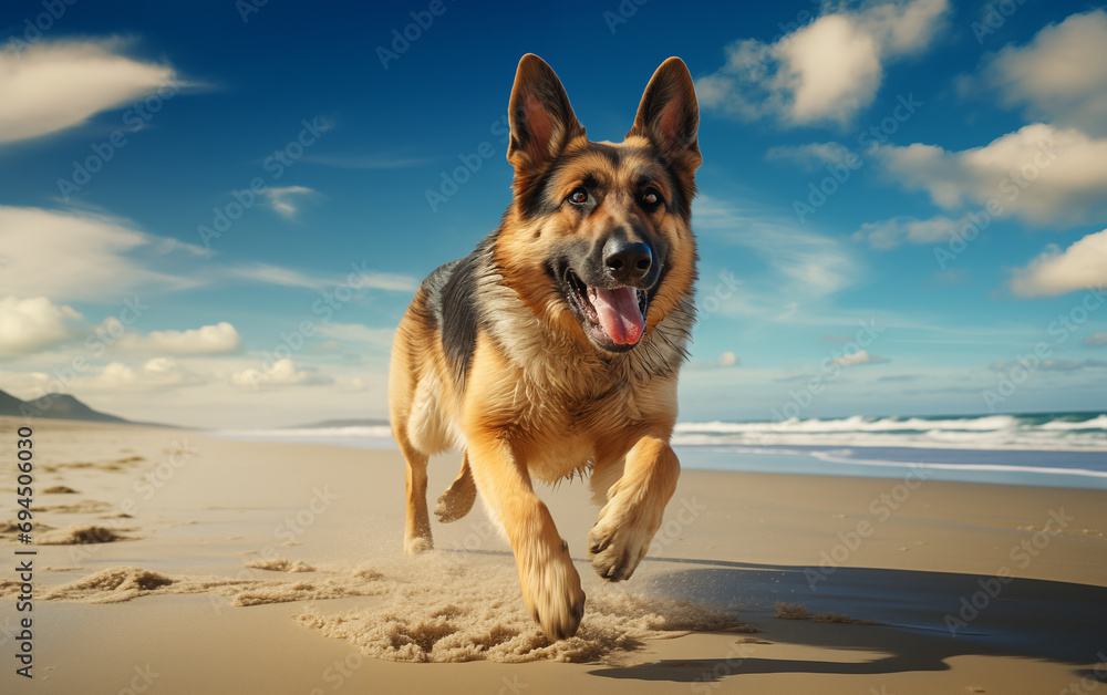 Un chien de race berger allemand courant sur une plage Un chien de race berger allemand courant sur une plage