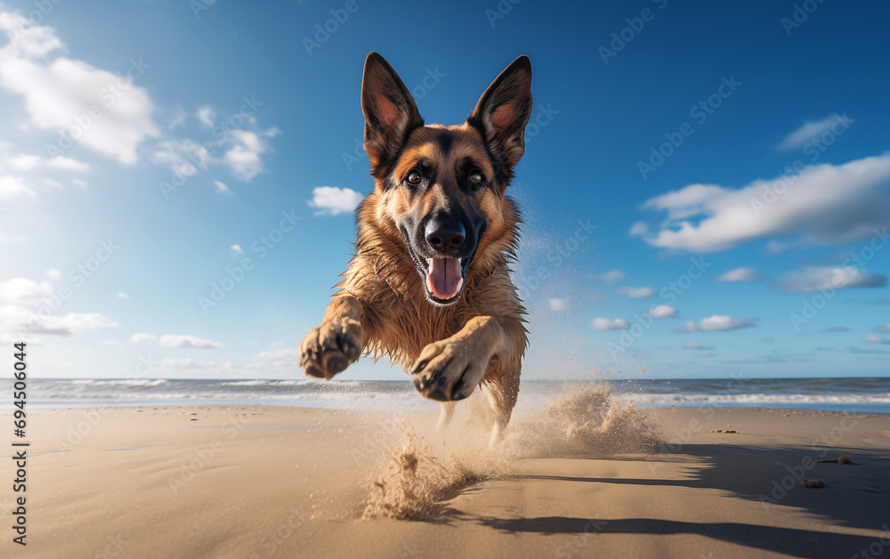 Un chien de race berger allemand courant sur une plage