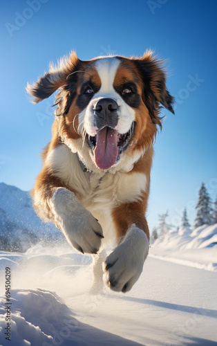 Un chien de race saint-bernard courant dans la neige