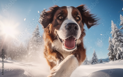 Un chien de race saint-bernard courant dans la neige photo