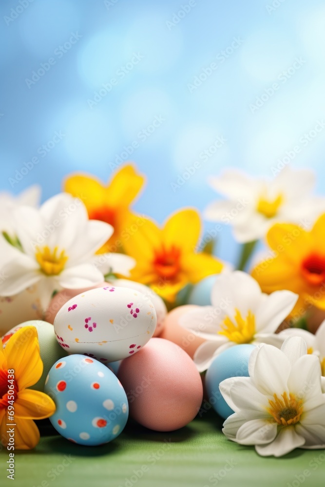 Vibrant background, colorful eggs, festive decorations, and a canvas for joyful messages