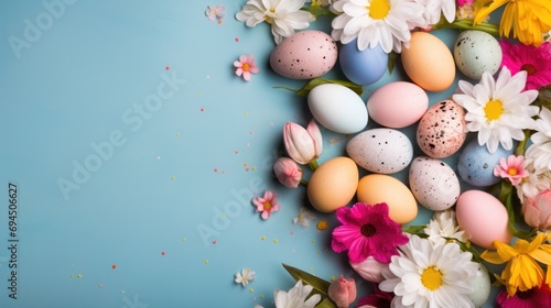 Vibrant background with eggs, flowers, and ample copy space