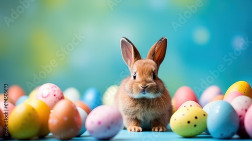 A lively background with a cute bunny, vibrant eggs, and playful festivities