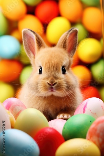 A lively background with a cute bunny, vibrant eggs, and playful festivities © ArtCookStudio