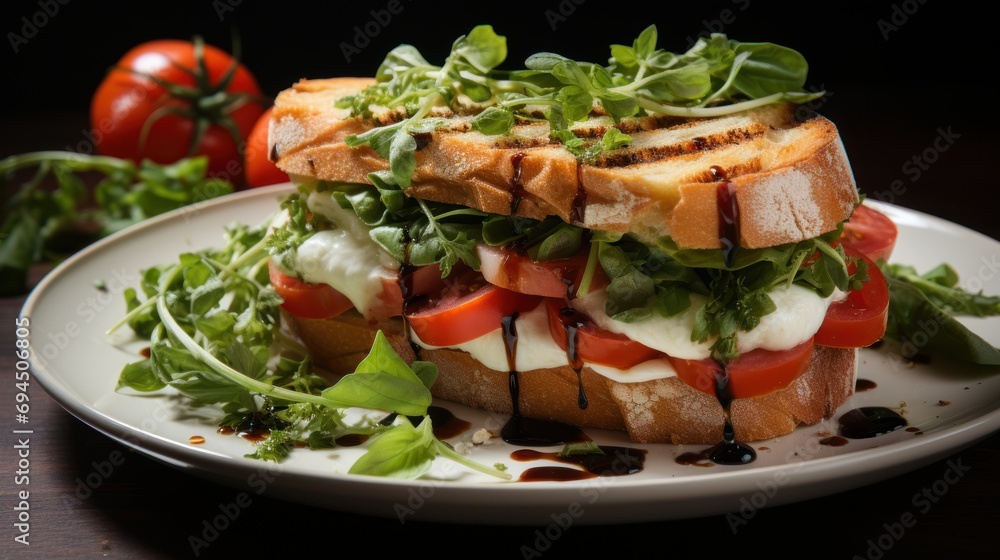 a white plate topped with a cut in half sandwich next to a pile of lettuce and tomato slices. a white plate topped with a cut in half sandwich next to a pile of lettuce and tomato slices.
