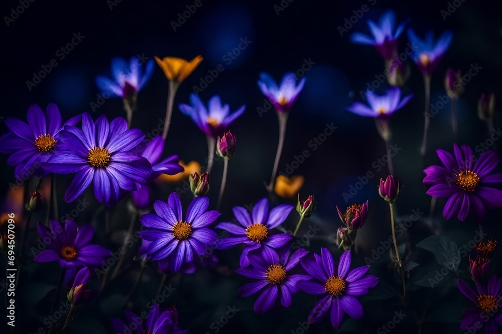 Purple flowers blooming in the night stock photo Purple flowers blooming in the night stock photo