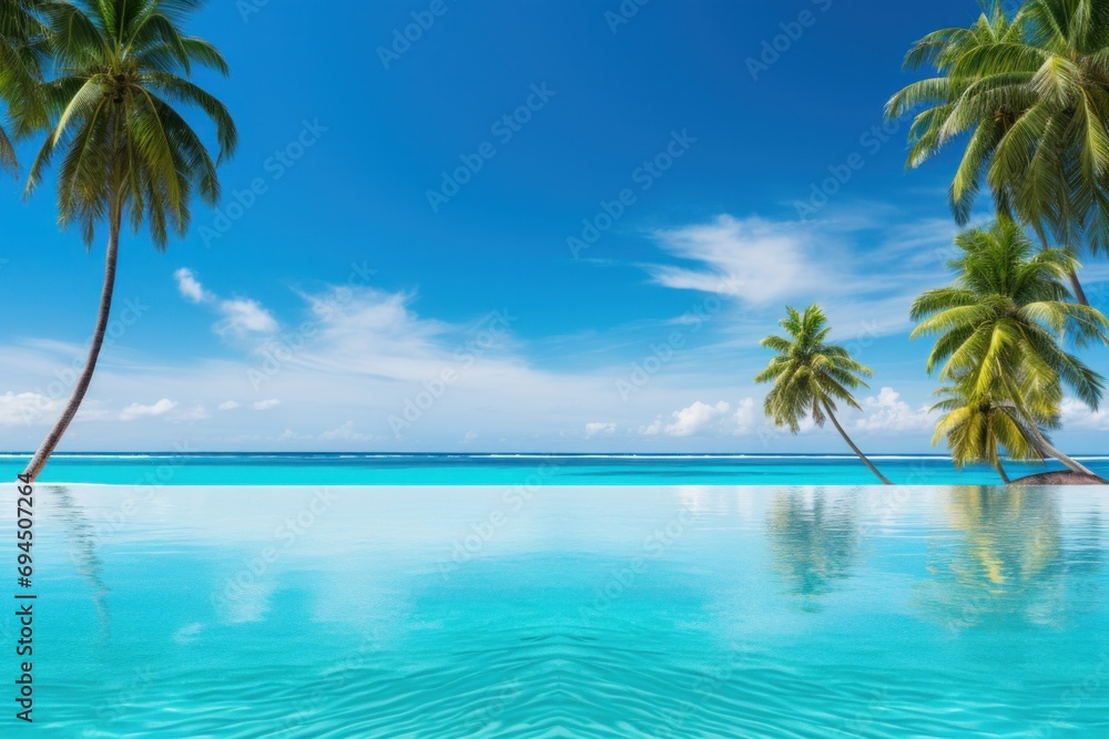 Fototapeta premium A vivid vacation backdrop, turquoise waters, palm trees, and expansive copy space