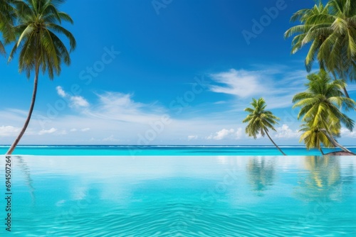 A vivid vacation backdrop, turquoise waters, palm trees, and expansive copy space