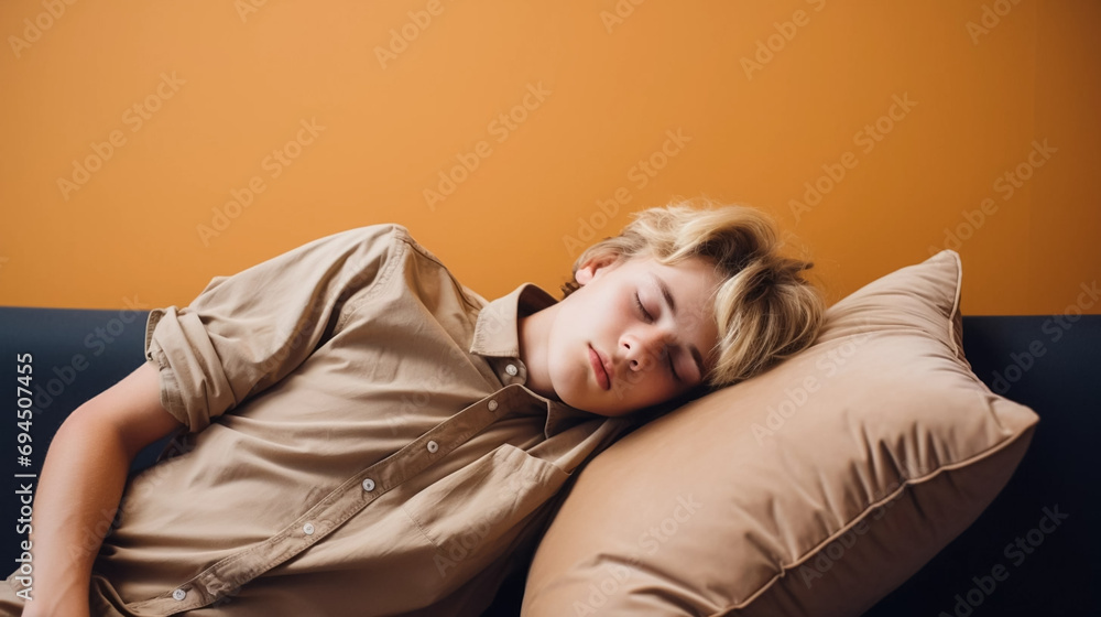Fototapeta premium copy space, Young man taking a nap on a pillow on background. National Napping Day. Young man resting while tired. Peaceful scene.
