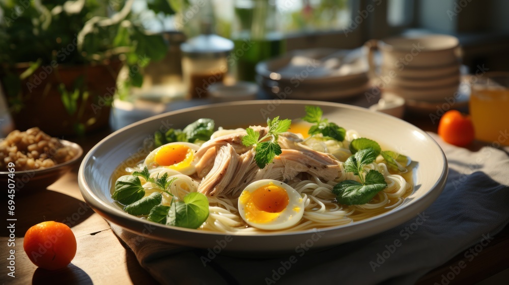  a bowl of pasta with meat and vegetables on a table next to a bowl of oranges and a glass of orange juice.