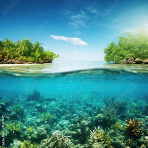 A vivid travel vacation background with lush greenery, crystal-clear waters © ArtCookStudio