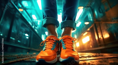 female feet with orange shoes