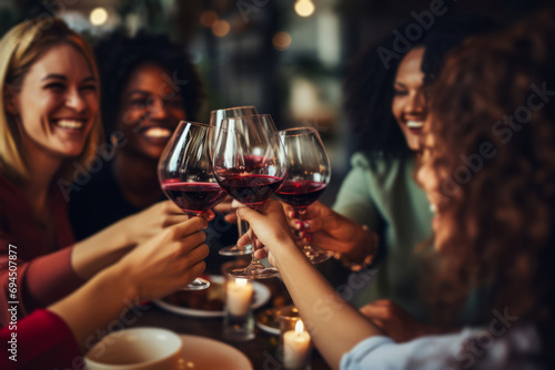 female friends toasting wine glasses during a gathering at the dinner table