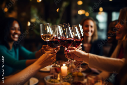 female friends toasting wine glasses during a gathering at the dinner table