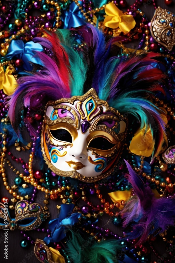 Fototapeta premium Vivid Mardi Gras background featuring masks, streamers, and lively colors,