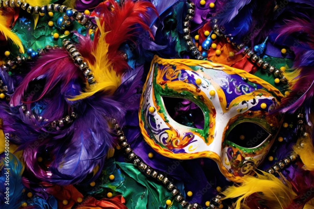 Vivid Mardi Gras background featuring masks, streamers, and lively colors,