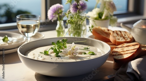  a bowl of soup on a table with bread and a vase of flowers in the window sill behind it.