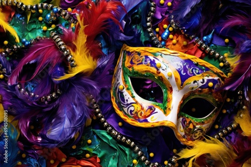 Vivid Mardi Gras background featuring masks, streamers, and lively colors, © ArtCookStudio