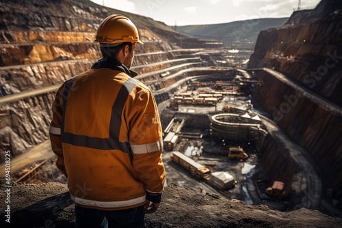 A copper mine employee surveys an open-pit mine. photo