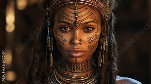 A regal Ethiopian woman, her face adorned with tribal markings, conveying a timeless connection to her ancestry.