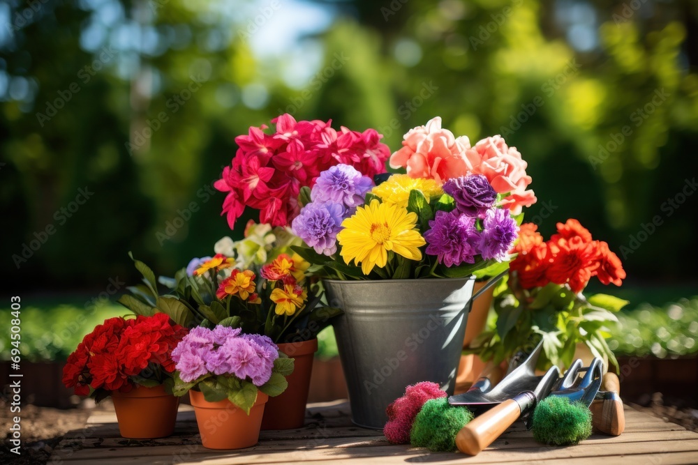 Colorful blooms, lush greenery, and gardening tools, creating a vibrant scene with copy space