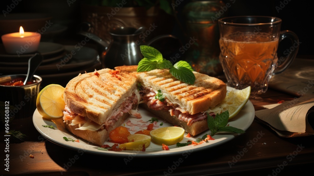  a sandwich cut in half sitting on a plate next to a cup of tea and a glass of orange juice.