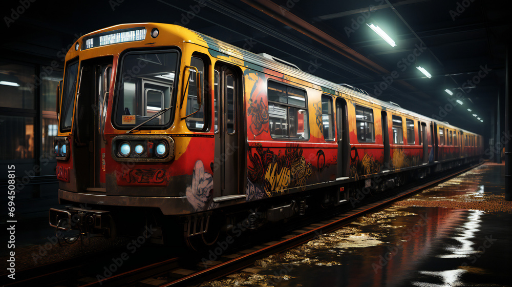 Subway Train Painted In Graffiti Style In Tunnel