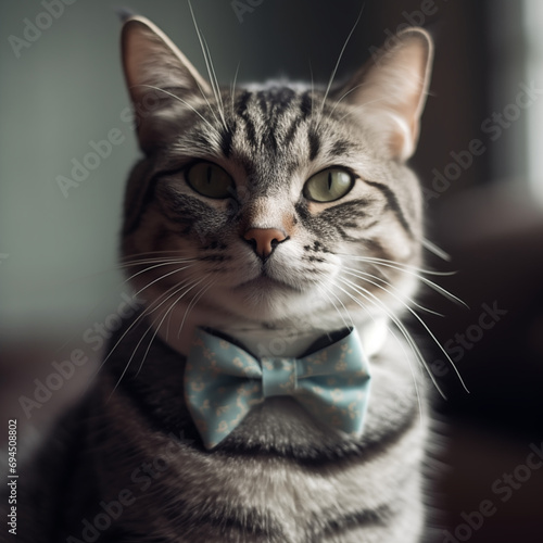 Portrait of polite domestic cat wearing pow tie