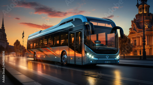 Passenger City Bus Goes According To Its Route At a Sunset photo