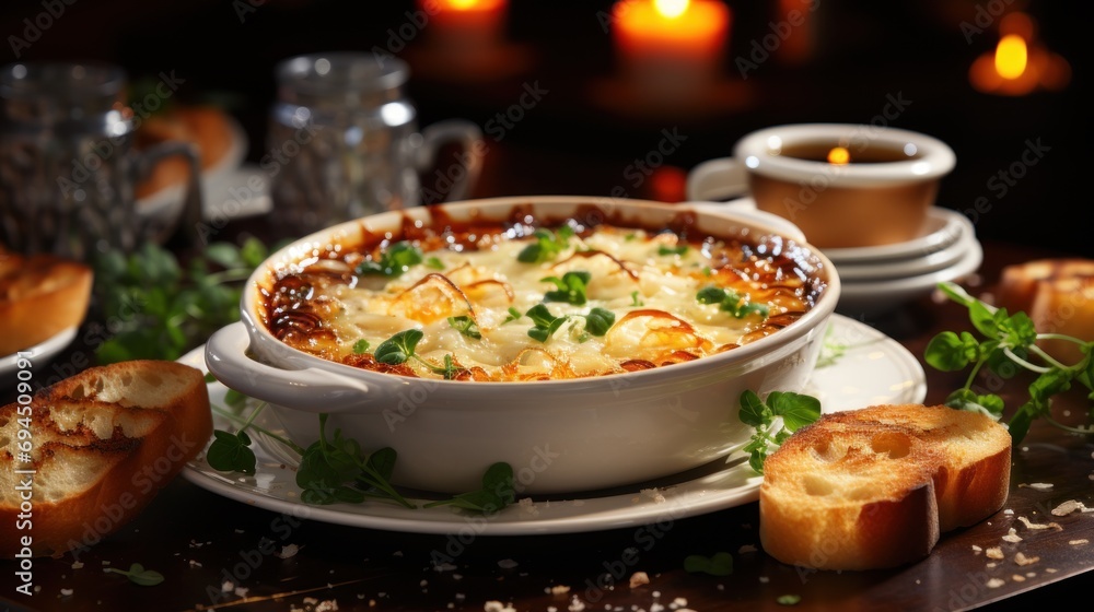 a close up of a casserole on a plate on a table with bread and candles in the background. a close up of a casserole on a plate on a table with bread and candles in the background.