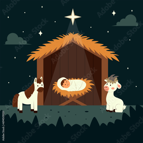 Christmas nativity scene of born child baby Jesus Christ in the manger. Biblical scene. Vector illustration. 