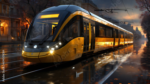 A Yellow City Tram In The Evening 