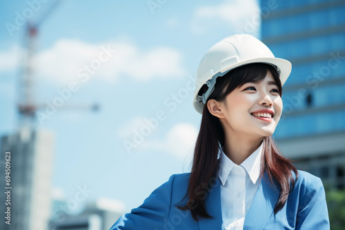 Image photo of a smiling Japanese woman wearing factory work clothes with a helmet, copy space, background is blue sky and buildings