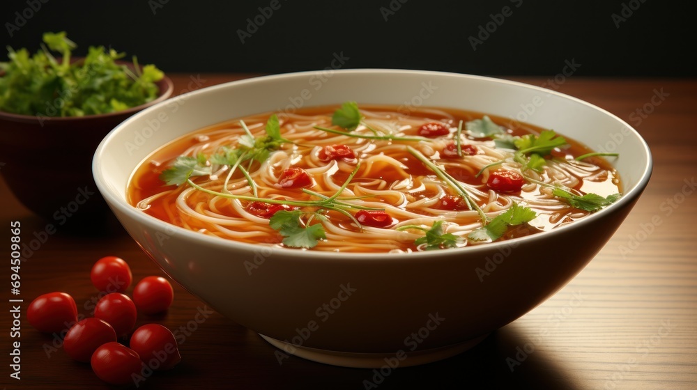 a bowl of soup with noodles, tomatoes, parsley and parsley on a table next to a bowl of parsley. a bowl of soup with noodles, tomatoes, parsley and parsley on a table next to a bowl of parsley.