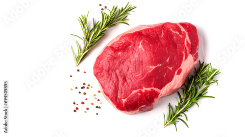 A succulent, uncooked beefsteak, viewed from above, is presented against a bright, white background.