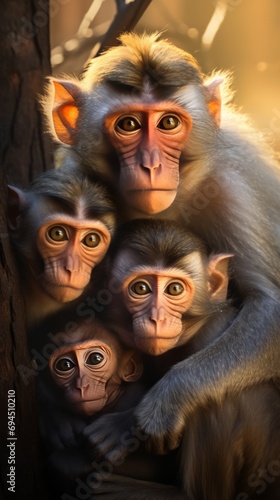 Close ties of monkey families. Wildlife of monkeys