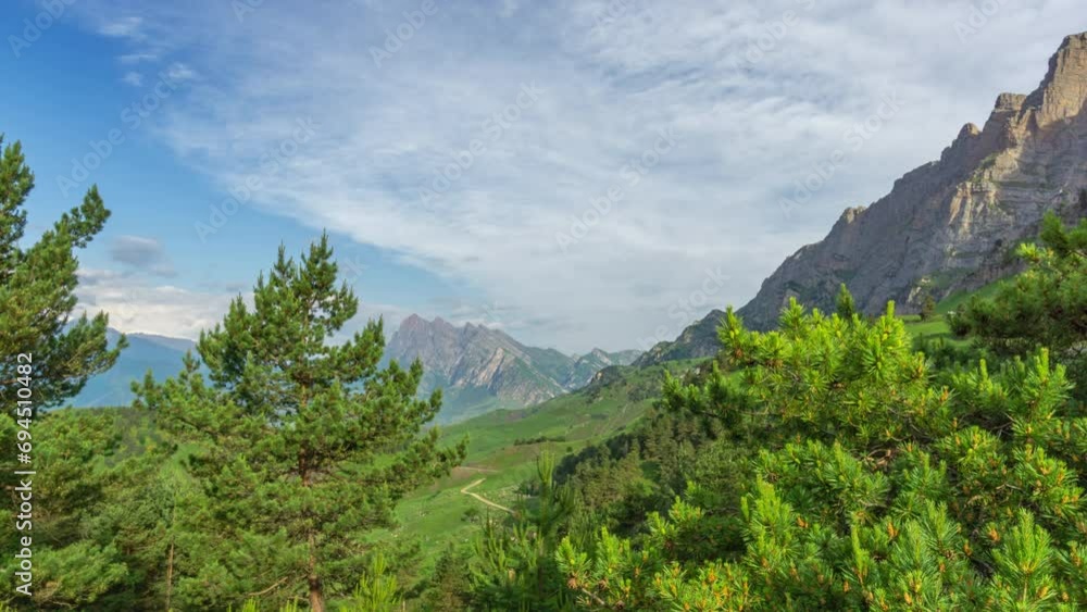 Beautiful summer landscape with pine trees in Caucasus Mountains, Republic of Ingushetia, Russia, timelapse 4k Beautiful summer landscape with pine trees in Caucasus Mountains, Republic of Ingushetia, Russia, timelapse 4k