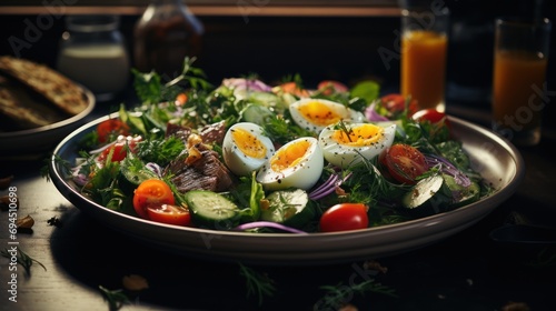  a close up of a plate of food with eggs on top of a bed of lettuce and tomatoes.