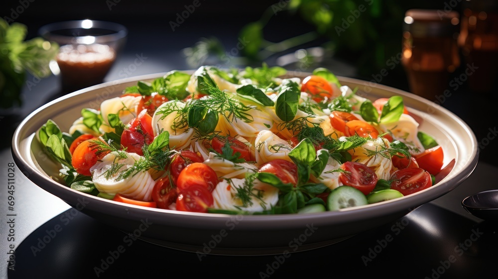 a bowl of pasta salad with tomatoes, cucumbers, parsley, and parsley on the side. a bowl of pasta salad with tomatoes, cucumbers, parsley, and parsley on the side.