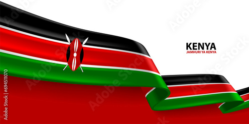 Kenya 3D ribbon flag. Bent waving 3D flag in colors of the Kenya national flag. National flag background design.