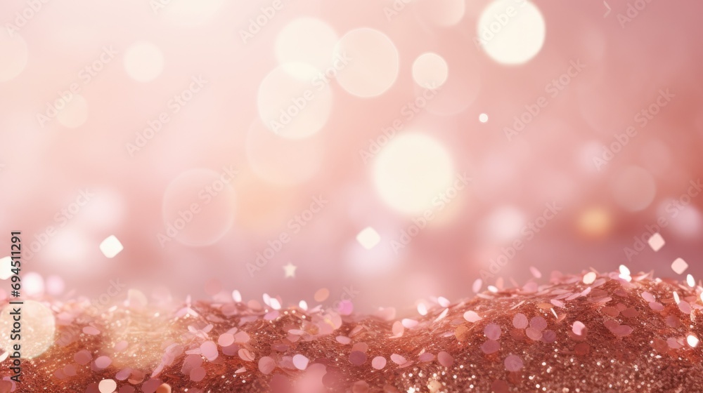 Pink light gold glitter background with bokeh. Festive glamour romantic abstract defocused lights background for Valentines day,women day or party event