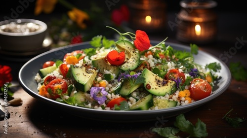  a salad with cucumbers, tomatoes, and other vegetables on a plate with a candle in the background.