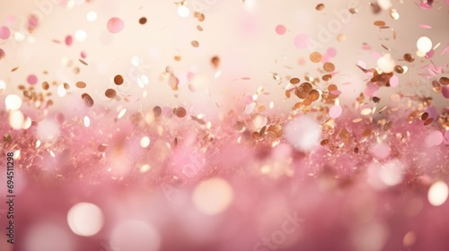 Abstract festive background of pink and gold confetti with a blurred bokeh effect, symbolizing celebration and joy.