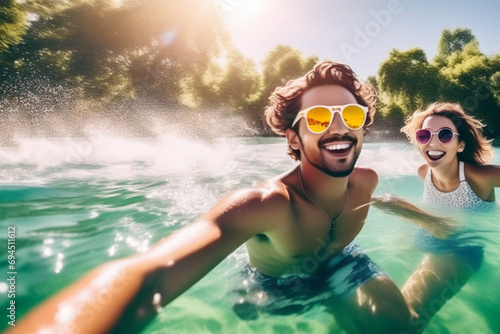 smiling happy couple having fun together in resort pool taking selfie. summer holidays, travel.
