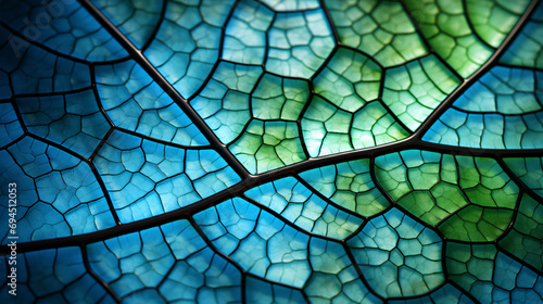 A close-up of a horseradish leaf with a mosaic pattern of cells and veins, featuring a blue-green tinted background and an abstract nature structure, perfect for wallpaper with a vegetable theme. photo