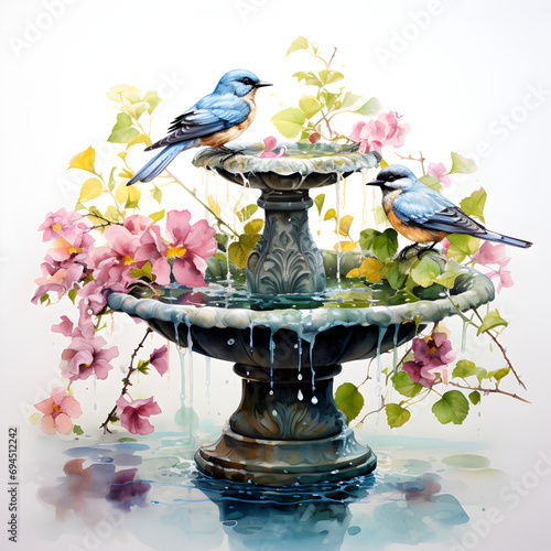 Watercolor painting of Blue birds in a fountain with pink flowers around them and a white background