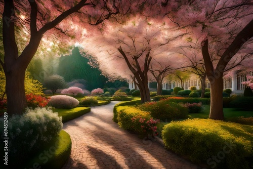 A sprawling garden with a mix of blossoming trees  creating a stunning display of colors as petals drift gently to the ground  painting a picture of natural elegance.