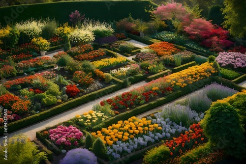 An aerial view of a well-tended garden with neatly arranged beds of flowers, creating a vibrant and harmonious tapestry of colors and shapes.