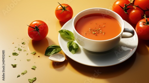  a white plate topped with a cup of tomato soup next to a pile of tomatoes and a couple of spoons.