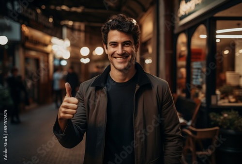 Friendly young man giving thumbs up in the city